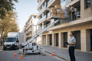 Plataforma elevadora para mudanza subiendo muebles por fachada en un edificio residencial
