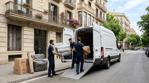 Empresa de mudanzas en Barcelona cargando cajas y muebles protegidos en una calle residencial