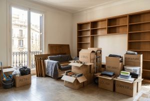 Vaciado de pisos en Barcelona con muebles desmontados, cajas y objetos organizados para su retirada